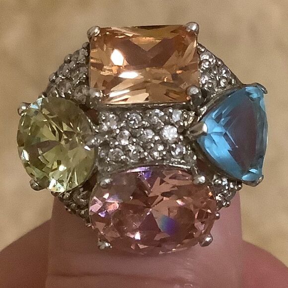 𝅺sterling SILVER MULTICOLOUR CRYSTALS WOMAN RING SIZE US 6.5​ - Picture 3 of 15